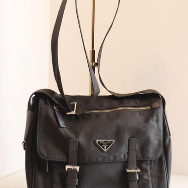 Vintage PRADA Vitello Double Buckle Crossbody Messenger Bag in Black Nylon with Silver Hardware Tessuto Medium Vela 90s Y2K Minimal Unisex 