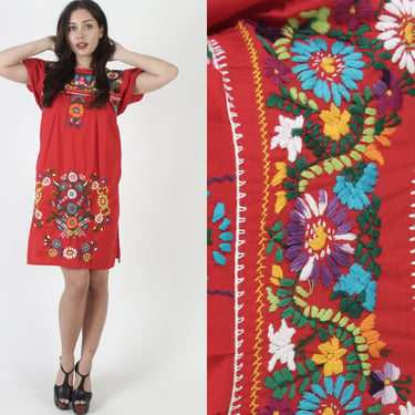 Red Mexican Mini Dress / Vintage Authentic Dress From Mexico / Puff Sleeve Colorful Floral Embroidered Dress 