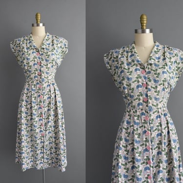 1950s vintage dress | Pink & Blue Cotton Summer Day Dress | Medium | 50s dress 