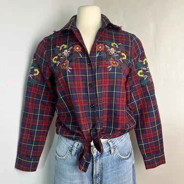 Vintage Plaid Womens  Embroidered Floral Shirt | Large Long Sleeve | Button Up Blouse | Feminine Romantic Wears | Vintage Floral Wears 