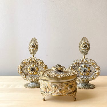 ornate vintage gold ormolu perfume bottles powder box vanity set 