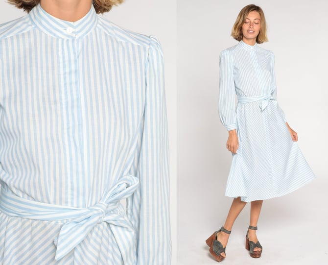 Striped Day Dress 80s Midi Dress Blue White Button Up Shirtwaist Dress Long Puff Sleeve High Waisted Retro Secretary 1980s Vintage Medium M 