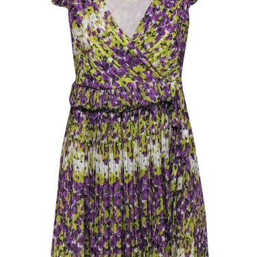 McGinn - Purple &amp; Green Floral Pleated Silky Wrap Dress Sz 2
