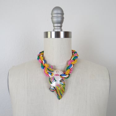 Vintage 1980s necklace choker shell bird parrot colorful braided statement necklace 