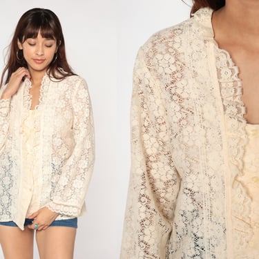 70s Lace Blouse Sheer Cream Floral Button Up Shirt Boho Victorian Top Ruffle Darling Romantic Long Sleeve Feminine Vintage 1970s Large L 