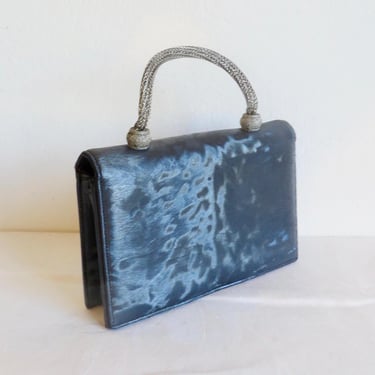 1960's Navy Blue Metallic Leather Small Purse Clutch Silver Metal Mesh Top Handle Hardware 60's Mod Style Evening Handbags Magda Makkay 