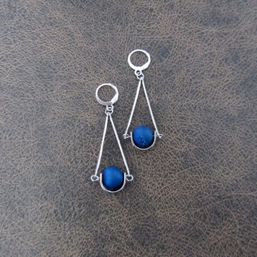Silver pendulum earrings, blue agate 