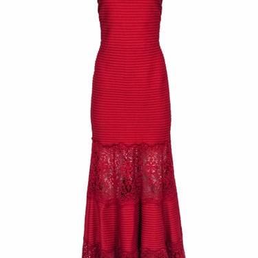 Tadashi - Red Pleated Sleeveless Gown w/ Lace Trim Sz L