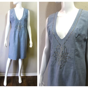 Vintage 60's Fancy Chambray Blue Cotton Day Wiggle Dress Set Rhinestone Decoration Si Si Miami // Modern Size Med Large 