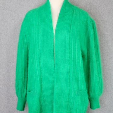 1980s Kelly Green Angora Cardigan- Oversized Sweater- Size M/XL 