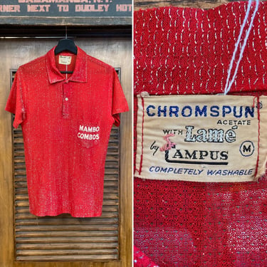 Vintage 1950’s “Campus” Red x Silver Lurex Shiny Thread “Mambo Combos” Dance Group Rockabilly Shirt, 50’s Vintage Clothing 