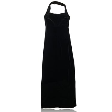 90s Black Velvet Halter Evening Gown Maxi Dress Cocktail // Sexy Left Leg Slit //  Zum Zum by Niki Lavas // Size 9 