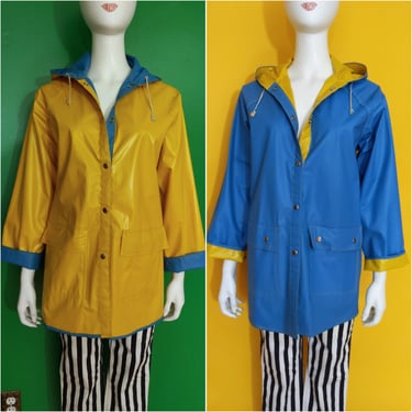 Cool Vintage 70s Blue Yellow Reversible Raincoat with Hood 