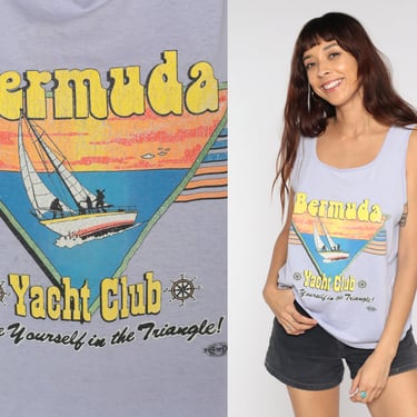 Bermuda Triangle Shirt 90s YACHT Club Graphic Tank Purple Top Summer Shirt 1990s Tourist Top Neon Funny Muscle Tee Vintage Medium Large 