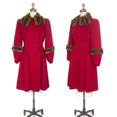 1940s Coat ~ Scarlet Red Fur Brown Trimmed Princess Coat Bishop Sleeves by Forstmann 