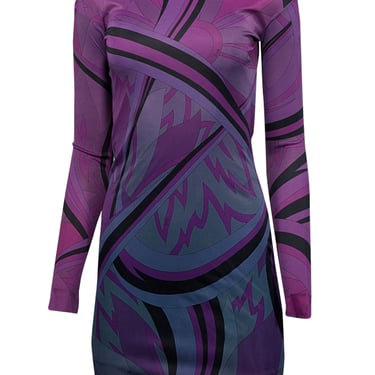 Emilio Pucci - Purple & Black Print Open Back Long Sleeve Dress Sz 4