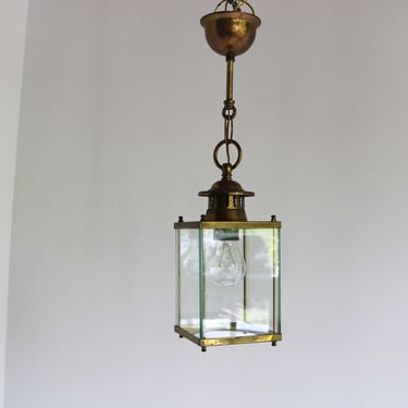 Square Brass and Glass Station / Gas Style Hanging Small Hall Lantern Vintage Chandelier Pendant Ceiling Lamp Antique Style Entryway 1950s 