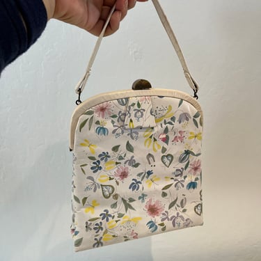 I Always Carry My Flowers With Me - Vintage 1950s Ivory Leather Painted Floral Tall Handbag Purse 