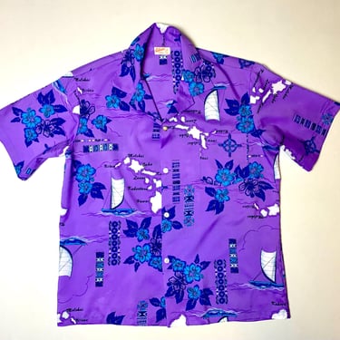 Vintage 70s Men’s Purple Hawaiian Islands Hawaiian Shirt Size Large 