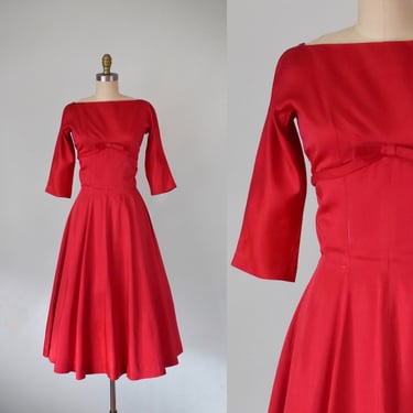 vintage 50s red satin dress, 1950s satin dress, christmas 50s dress, rockabilly party dress, midi dress formal, 50s swing dress 