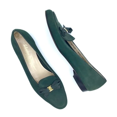 Vintage Ferragamo Green Nubuck Loafers, Made in Italy, Size 7 1/2 A US 