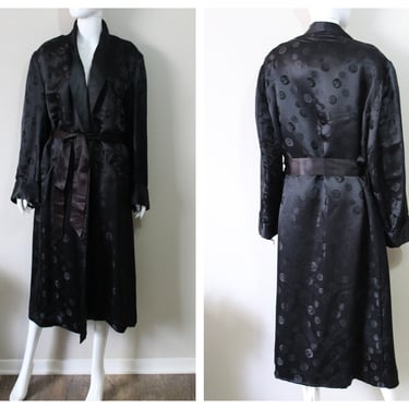 Vintage 50's 60's DYNASTY Black Silk Brocade Robe Lounger Smoking Jacket Coat UNISEX Hollywood Mandarin / M L  / Modern 10 12 14 