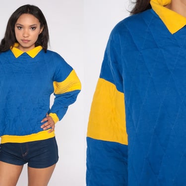 Quilted Blue Sweatshirt 80s Sweatshirt Color Block 1980s Pullover Collared Sweater Plain Retro Sweatshirt Slouchy Vintage Medium Large 