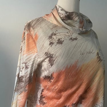 Vintage 70s Semi Sheer Zodiac Leo Le Roi Ombre Turtleneck Long Sleeve Blouse Lions; 70s Lightweight Astrology Psychedlic Novelty Turtleneck 