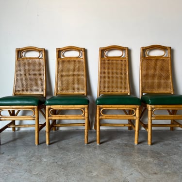 Vintage Boho Chic Rattan and Double Cane Back Dining Chairs - Set of 4 