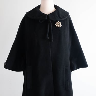 Elegant 1950's Black Cashmere Peter Pan Coat / ML