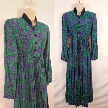 Vintage 90s Blue & Green Long Sleeve Dress, Size Medium 