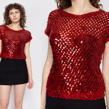 Medium 70s Red Sequin Disco Crop Top | Vintage Glam Sheer Short Sleeve Cropped Shirt 