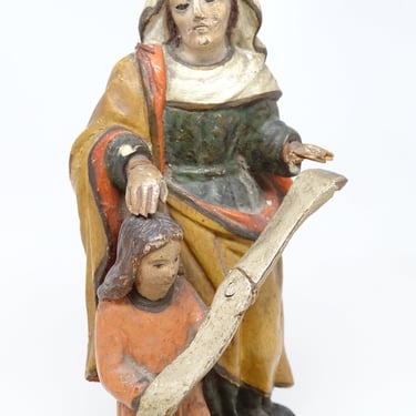 1800's Saint Anne with Glass Eyes and Blessed  Child Virgin Mary, Antique Polychrome Hand Carved  Religious Christmas Nativity Creche Putz 