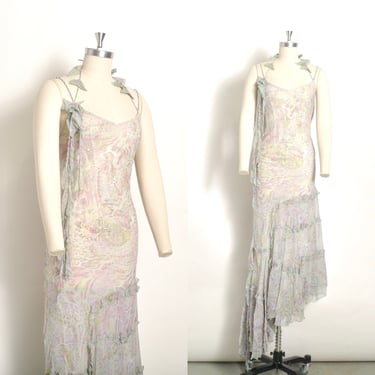 Vintage 2000s Dress / Y2K Diane Freis Floral Asymmetrical Halter Gown / Green ( M L ) 