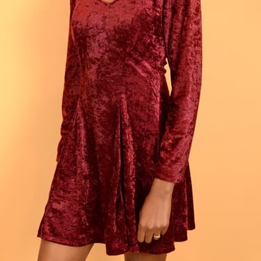Vintage Burgundy Red Crushed Velvet Long Sleeve Mini Dress / Small 