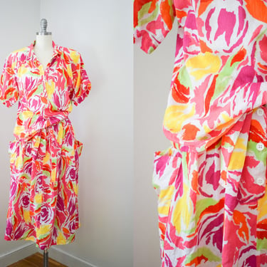 Vintage 1980s Guy Laroche Summer Dress Set | M/L | 80s Colorful Neon Linen and Cotton Skirt and Blouse 