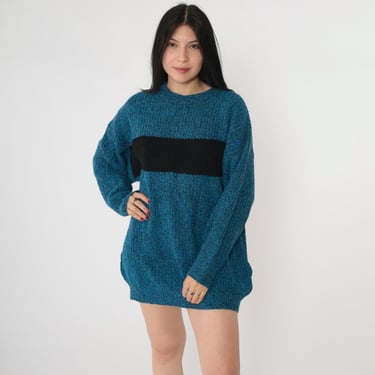 Vintage Color Block Sweater 80s Blue Marled Knit Black Striped Sweater Colorblock Crewneck Pullover 90s Retro Oversized Men's Medium M 