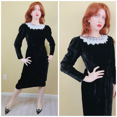 1980s Vintage Lanz Petites Black and White Velvet Dress / 80s Goth Lolita Lace Collar Wiggle Dress / Small 