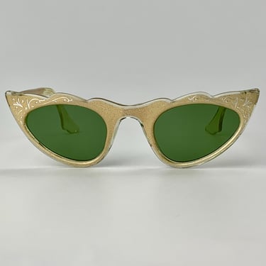 1950'S Cat Eye Sunglasses - Shiny Gold Painted Plastic Frames - Etching Details - Original Green Glass Lenses 