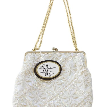 Vintage White Sequined Purse with Gold Chain 