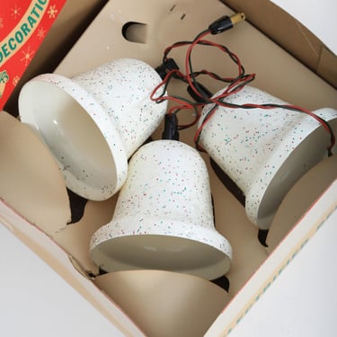 Vintage 50s Ringalite Bell Cluster Lighted Hanging Christmas Bells Original Box white glitter 