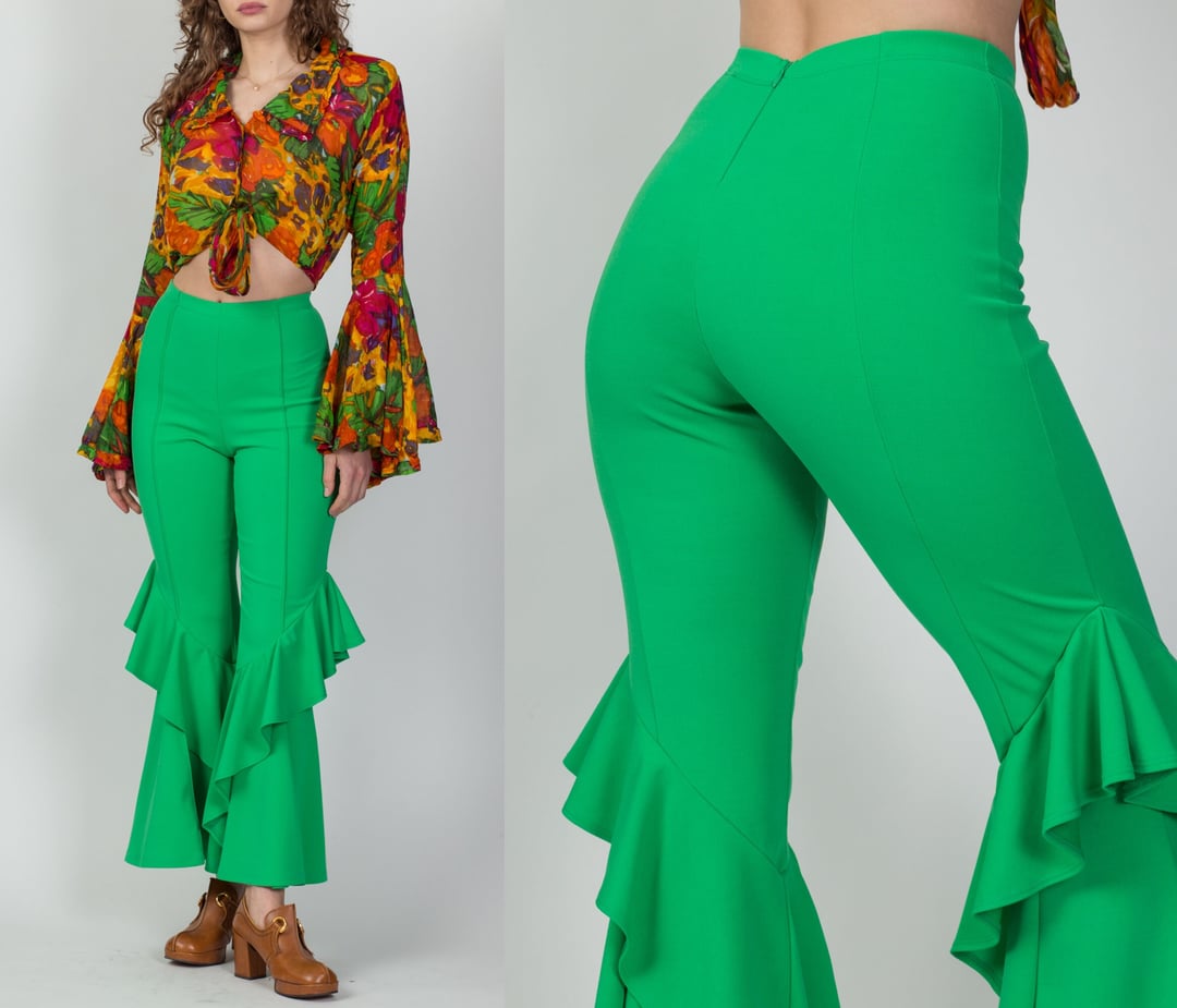 【HI FI FNK】Frog Velvet Pants 90s Y2K Does 70s Frog Green Hippie Bell Bottoms | Flying