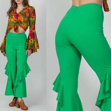 90s Y2K Does 70s Frog Green Hippie Bell Bottoms - Small | Ruffled High Waisted Retro Disco Costume Pants 