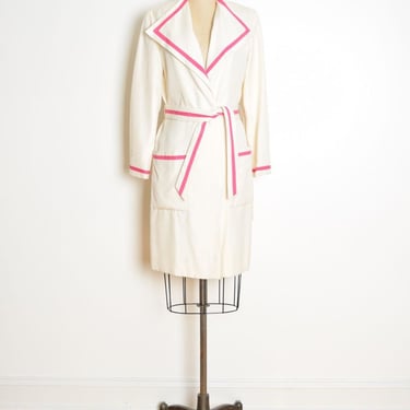 vintage 80s jacket cream pink silk pointy collar trench coat belted wrap NOS L clothing 