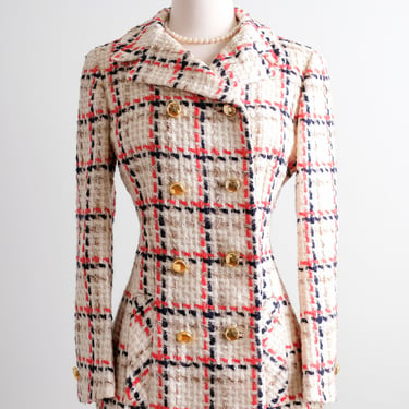 Vintage 1960's Ivory, Red & Navy Tweed Peacoat by Davidow / M