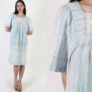 Pastel Tie Dye Guatemalan Tent Dress / Aztec Print Bell Sleeves / Cotton Zig Zag Striped Material / Embroidered Mexican Woven Mini 