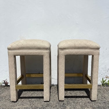 2 Counter Parson Bar Stools Pair of Benches Seating Chair Fabric Gold Base Vintage Chinoiserie Asian Boho Hollywood Regency Chic 