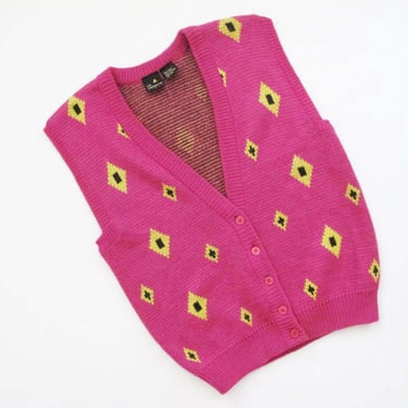Vintage Knit Vest S M - 80s Pink Yellow Patterned Button Up Womens Knitted Sweater Vest - Preppy Academia Clothes - Liz Claiborne 