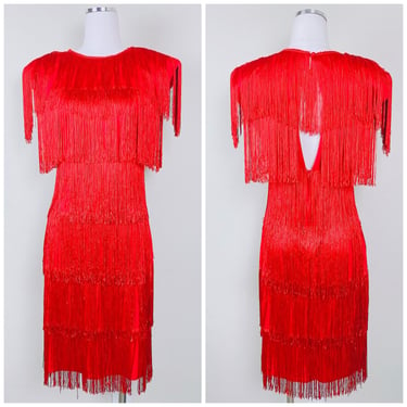 1980s Vintage HW Collection Red Tiered Fringe Dress / 80s Fringed Wiggle Dress With Shoulder Pads / Size Medium 