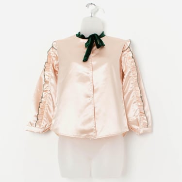 Vintage 30s style peach silky blouse with green velvet trim, womens silky ruffle shirt - XS / Small 